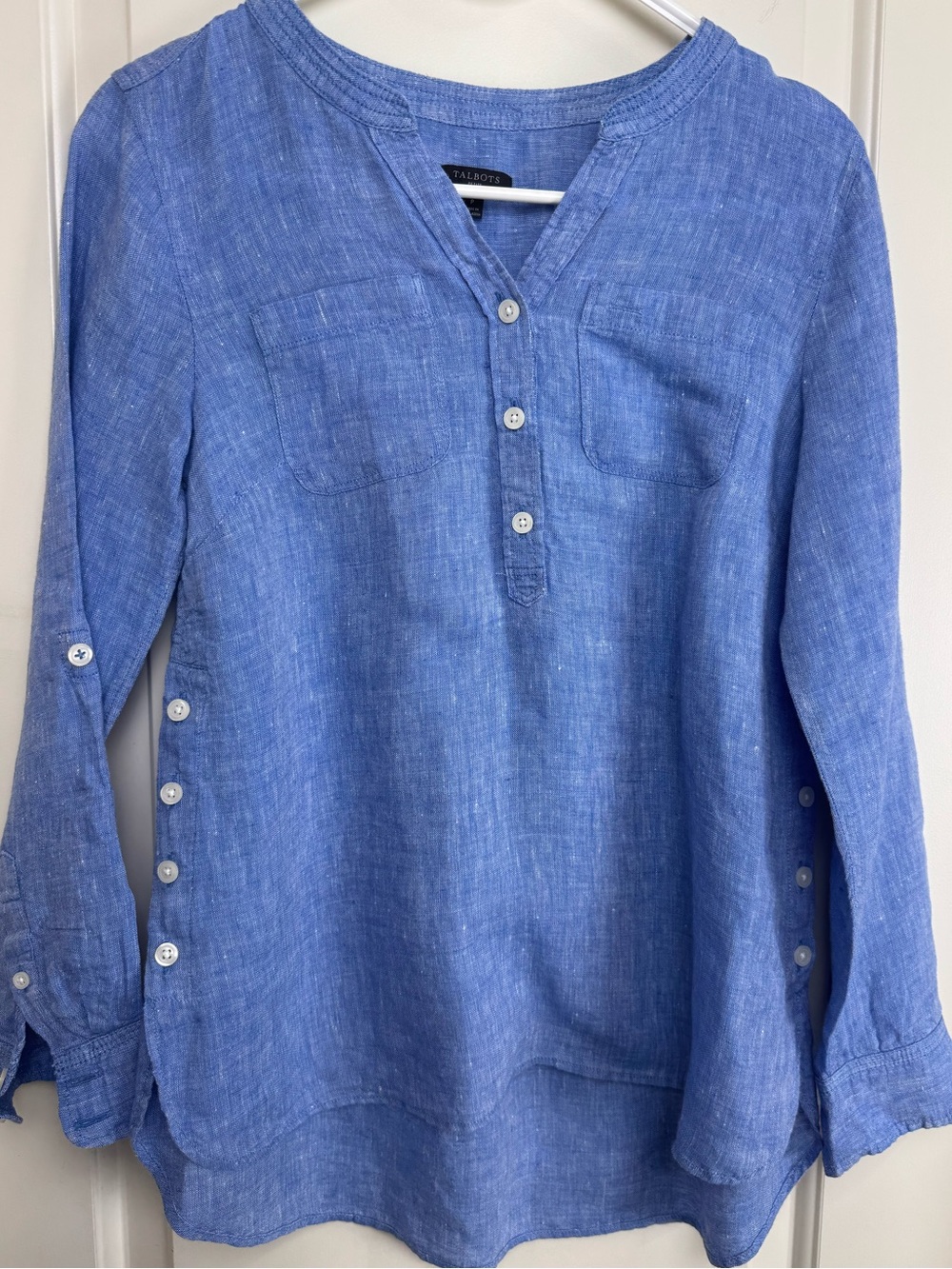 Talbots Petite P 100% Linen Blue Popover Tunic Roll Tab Side Button - Picture 3 of 5